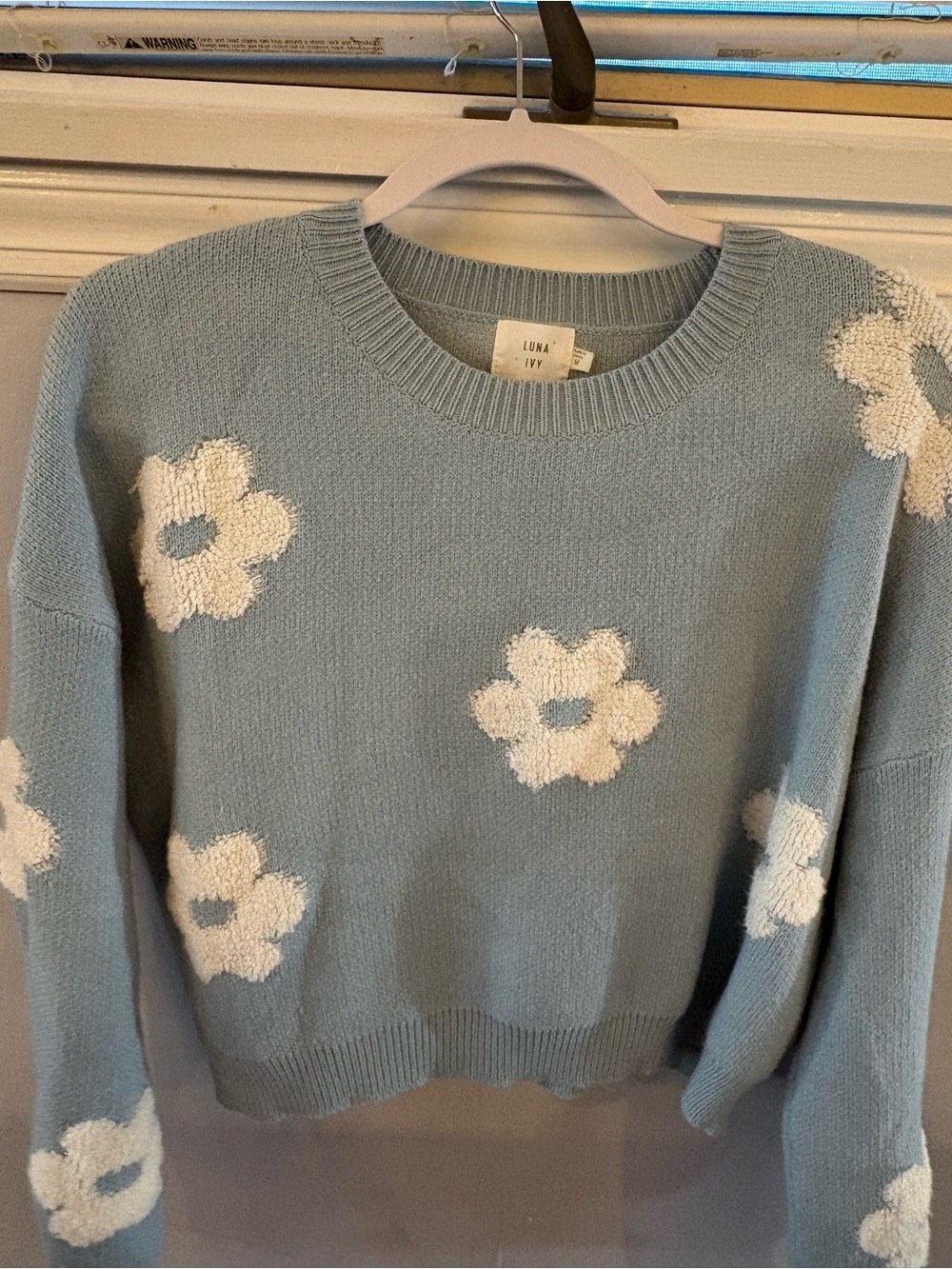 Luna Ivy Anthropologie Women's Light Blue Daisy Crewneck Sweater